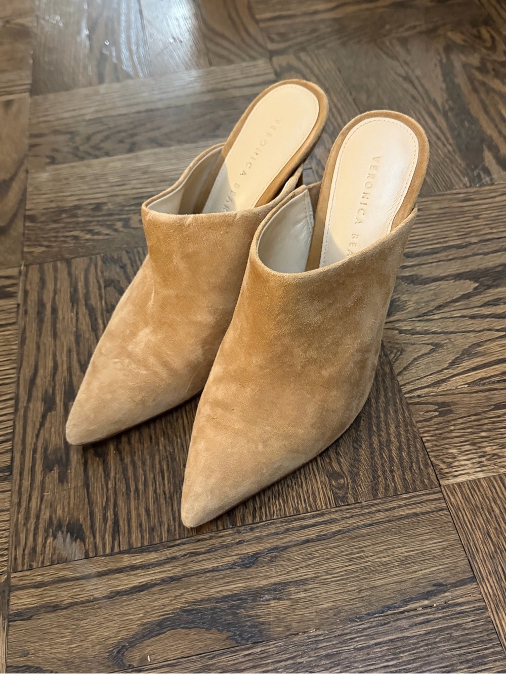 Veronica Beard Pointed Suede Mule Heels in Tan - Picture 3 of 5